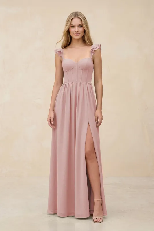 Ruffled Sleeve A-Line Corset Chiffon Bridesmaid Dress in Dusty Rose made by KissProm