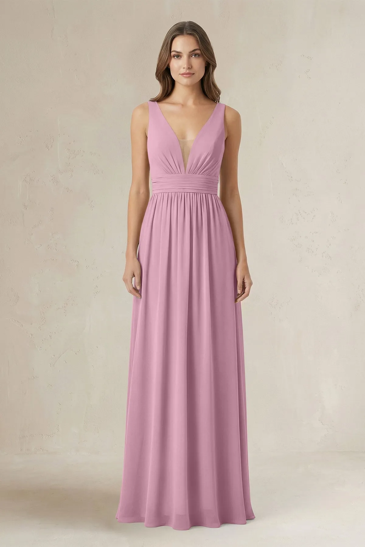 Illusion V-Neck A-Line Ruched Bridesmaid Dress in Vintage Mauve sold by KissProm
