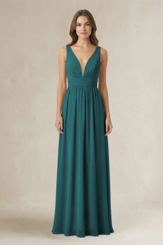 Illusion V-Neck A-Line Ruched Bridesmaid Dress in Pine made by KissProm