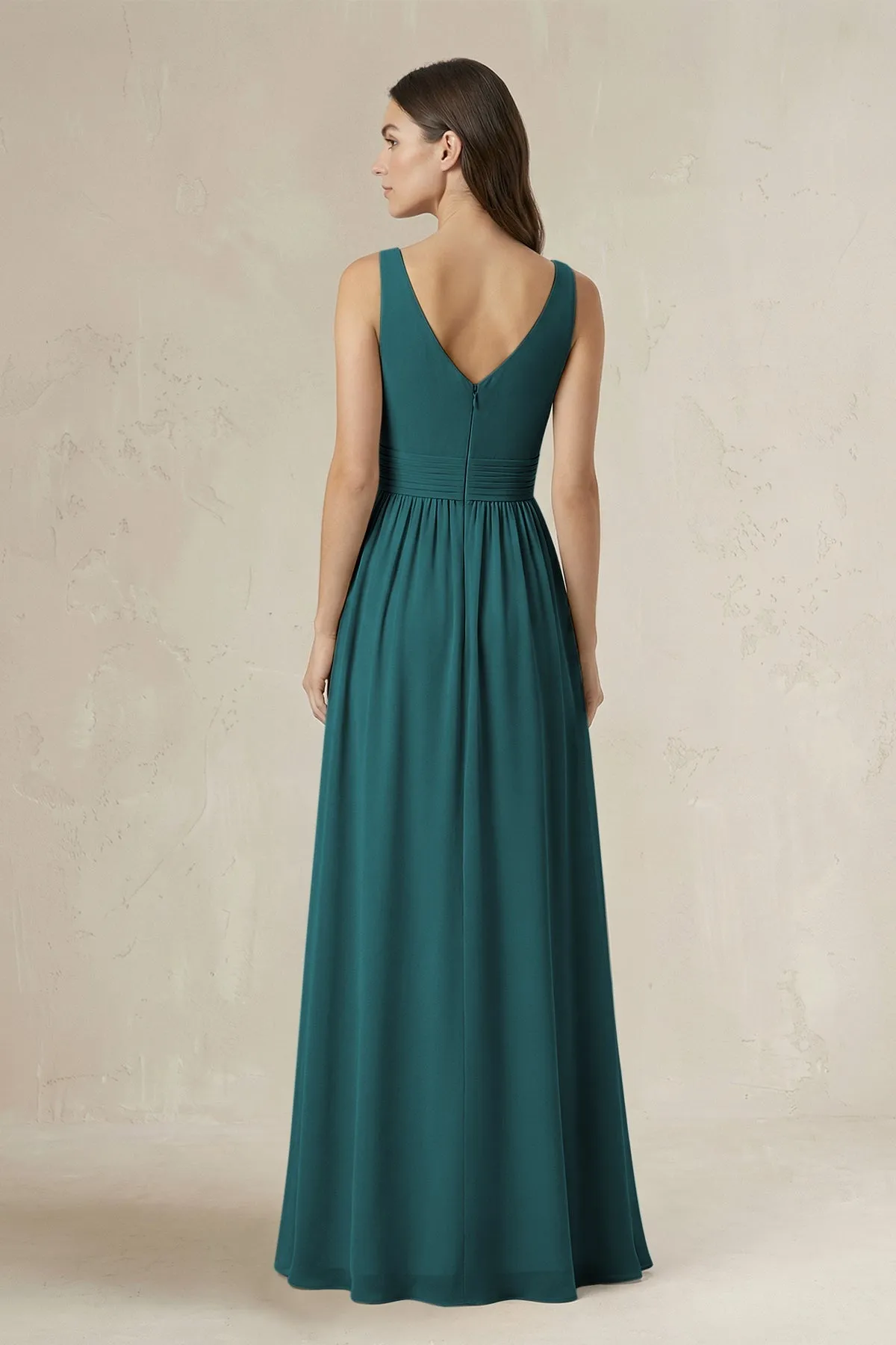 Illusion V-Neck A-Line Ruched Bridesmaid Dress in Pine sold by KissProm product image thumbnail 2