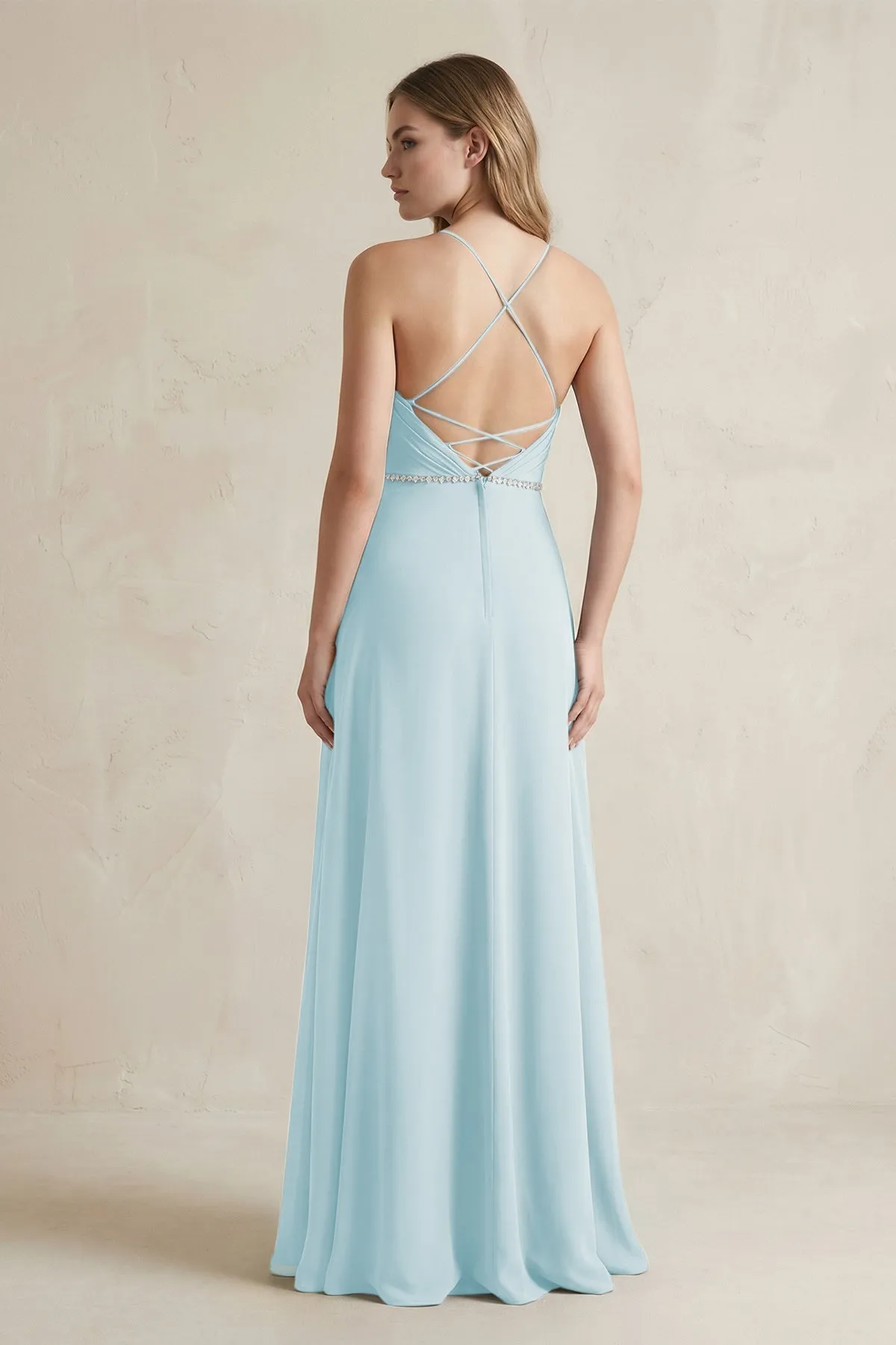 Chiffon A-Line Ruched Cami Strap Bridesmaid Dress in Sky Blue sold by KissProm product image thumbnail 2