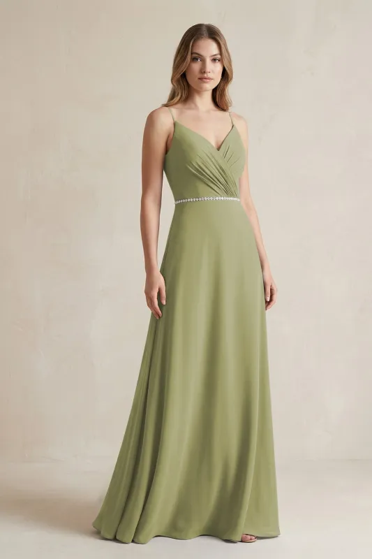 Chiffon A-Line Ruched Cami Strap Bridesmaid Dress  in Moss Green made by KissProm