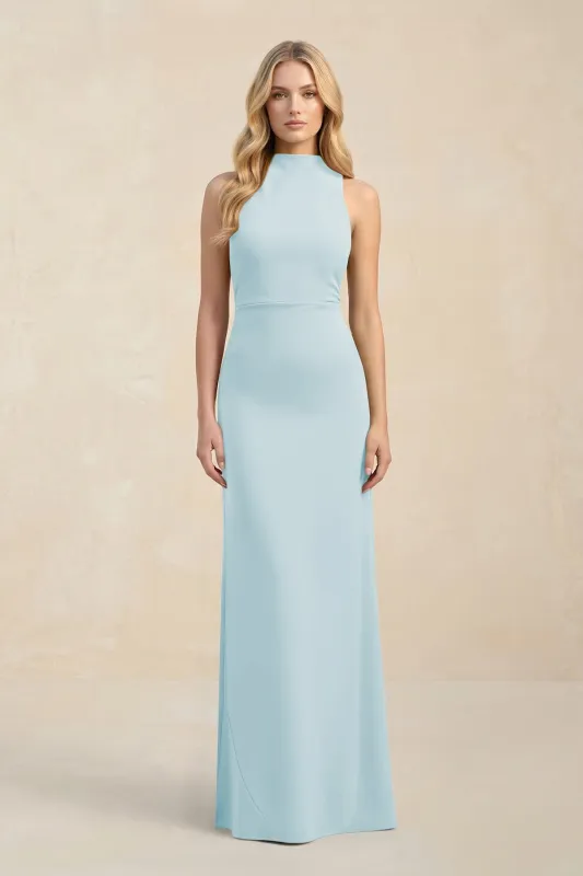 High Neck Sheath Chiffon Bridesmaid Dress With Slit in Sky Blue made by KissProm