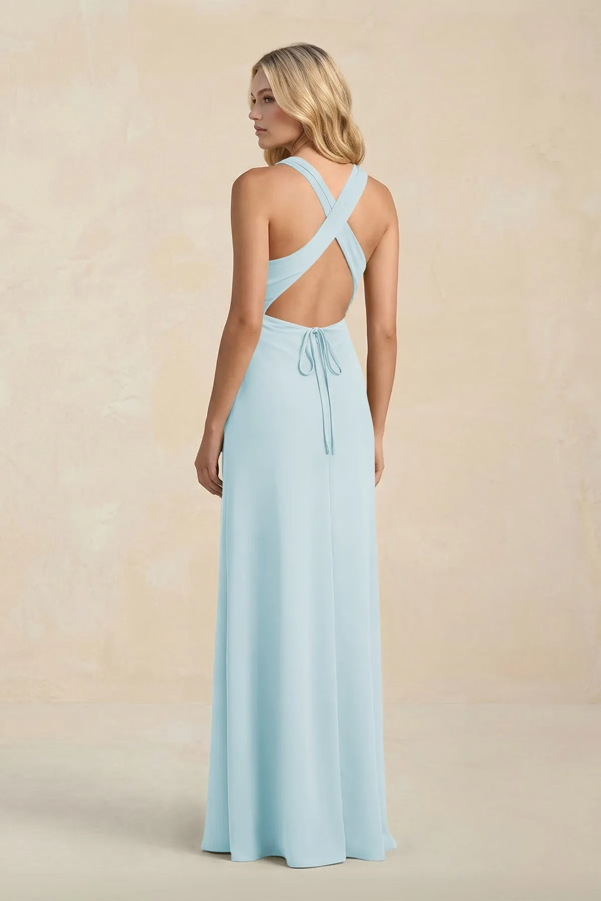 High Neck Sheath Chiffon Bridesmaid Dress With Slit in Sky Blue sold by KissProm product image thumbnail 2