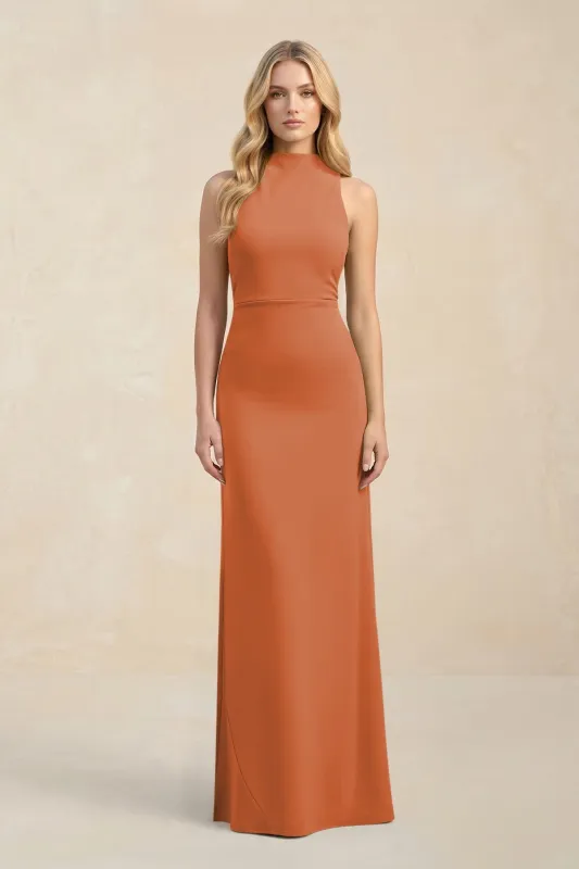 High Neck Sheath Chiffon Bridesmaid Dress With Slit in Terracotta made by KissProm