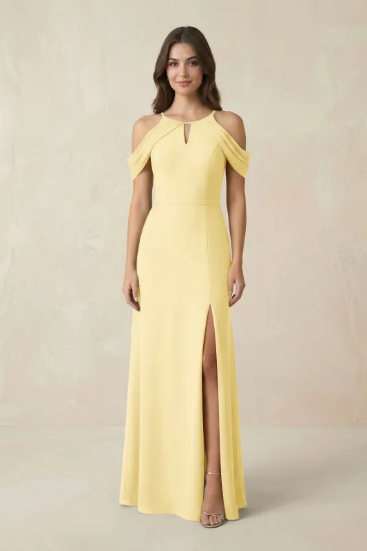 Off-the-Shoulder Chiffon Sheath Bridesmaid Dress With Slit in Pastel Yellow made by KissProm