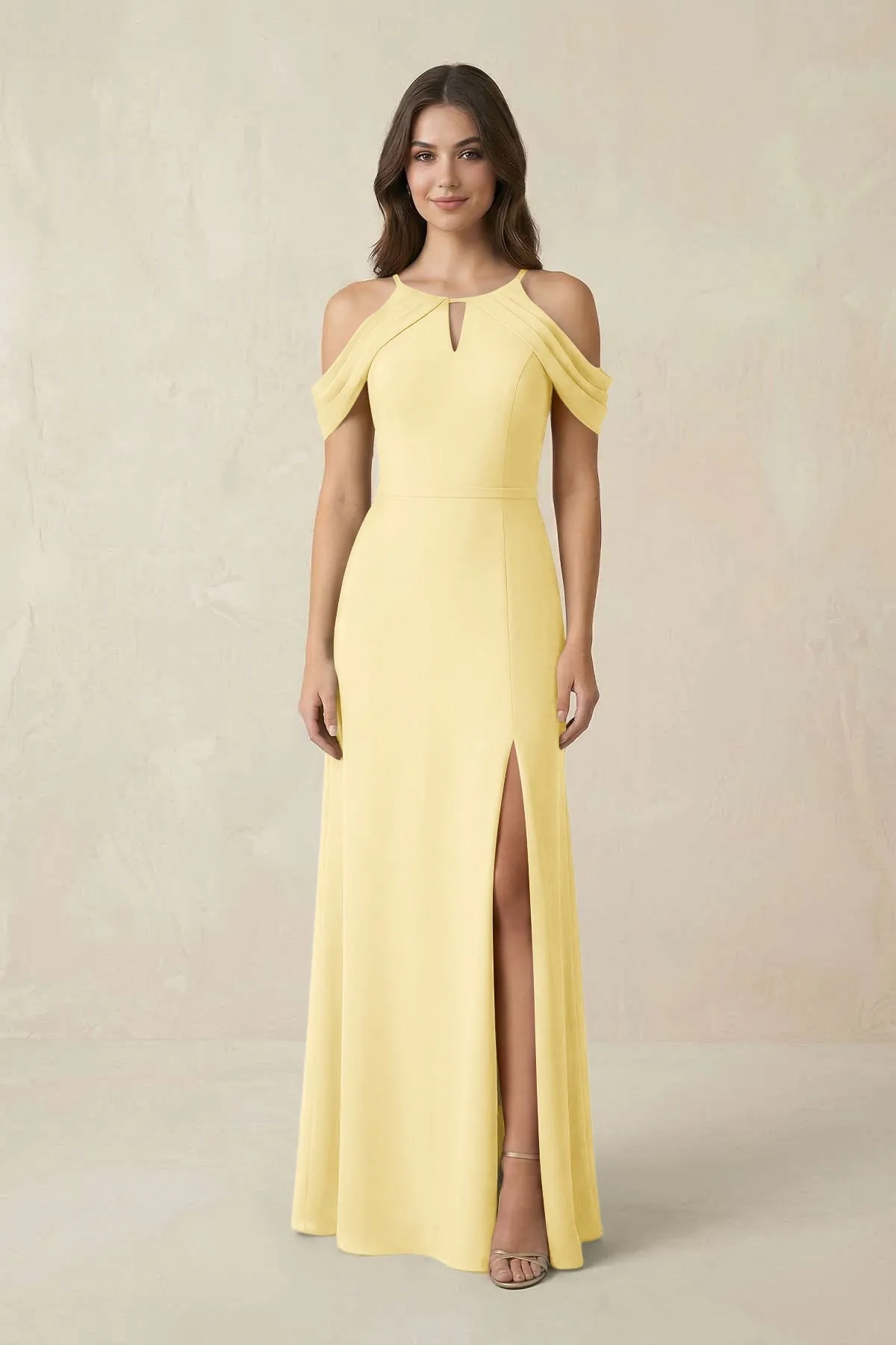 Off-the-Shoulder Chiffon Sheath Bridesmaid Dress With Slit in Pastel Yellow sold by KissProm