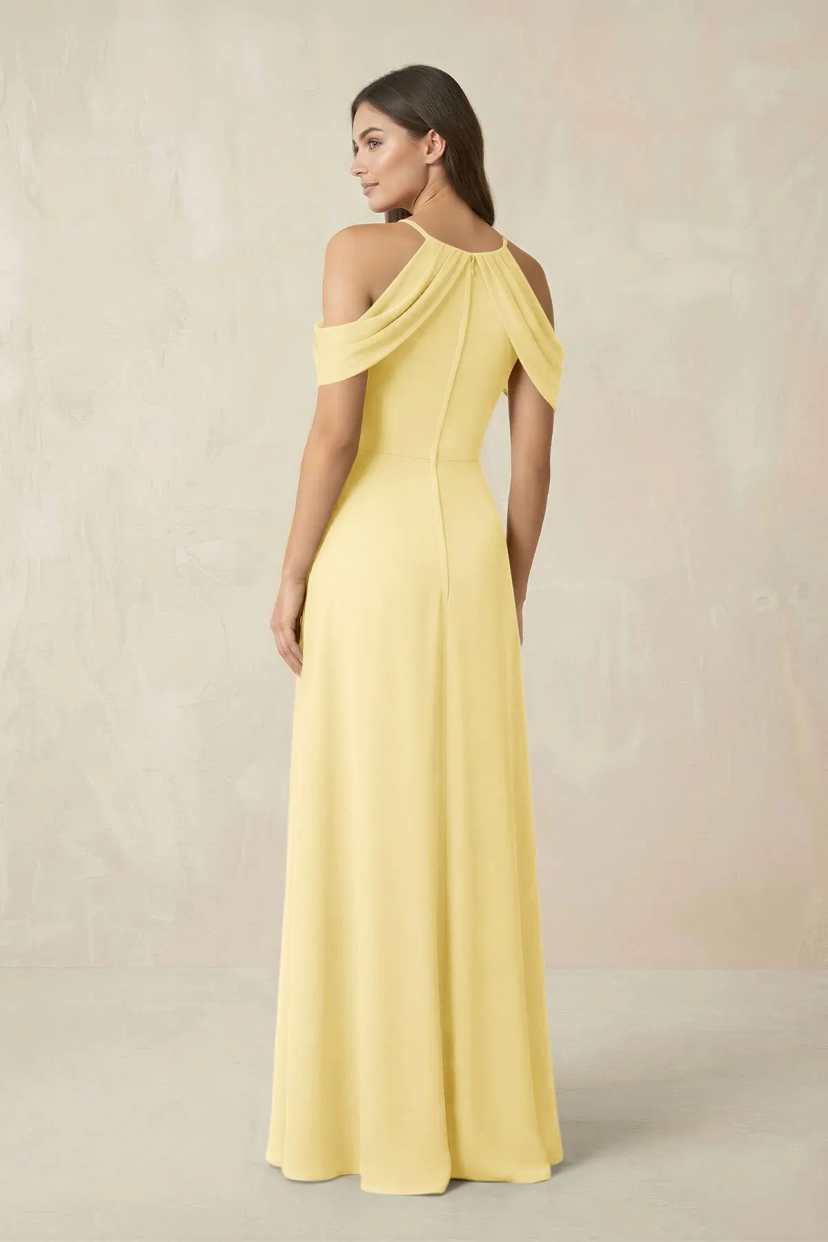 Off-the-Shoulder Chiffon Sheath Bridesmaid Dress With Slit in Pastel Yellow sold by KissProm product image thumbnail 2