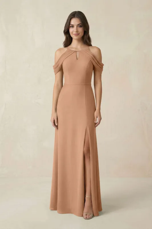 Off-the-Shoulder Chiffon Sheath Bridesmaid Dress With Slit in Bronzer made by KissProm