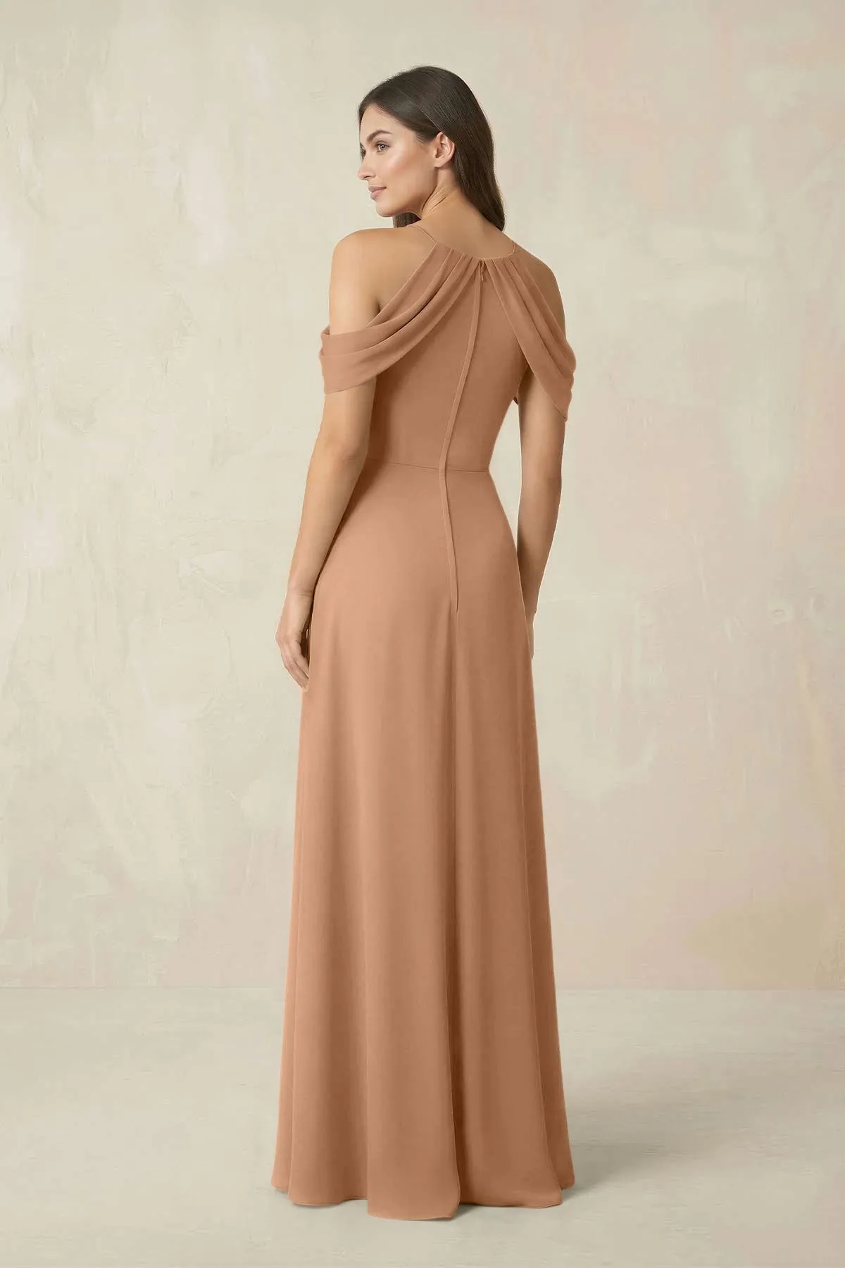 Off-the-Shoulder Chiffon Sheath Bridesmaid Dress With Slit in Bronzer sold by KissProm product image thumbnail 2