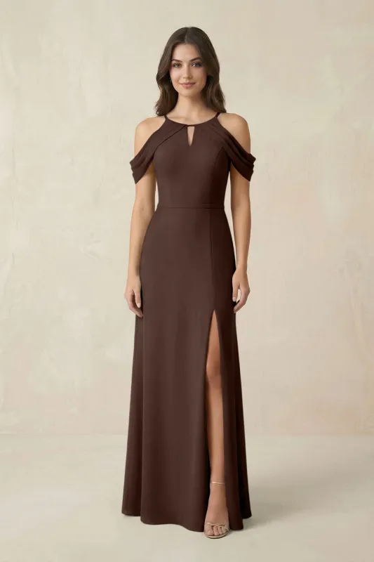 Off-the-Shoulder Chiffon Sheath Bridesmaid Dress With Slit in Espresso made by KissProm