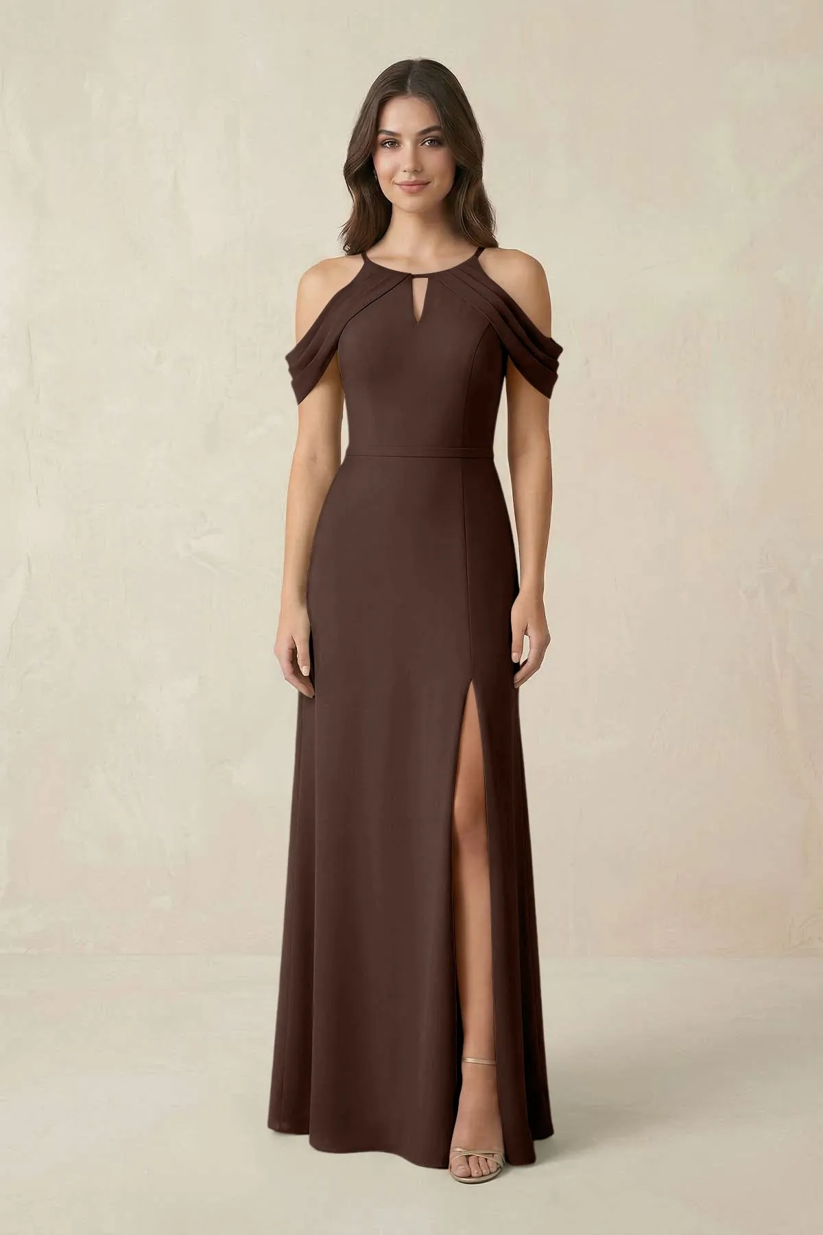 Off-the-Shoulder Chiffon Sheath Bridesmaid Dress With Slit in Espresso sold by KissProm