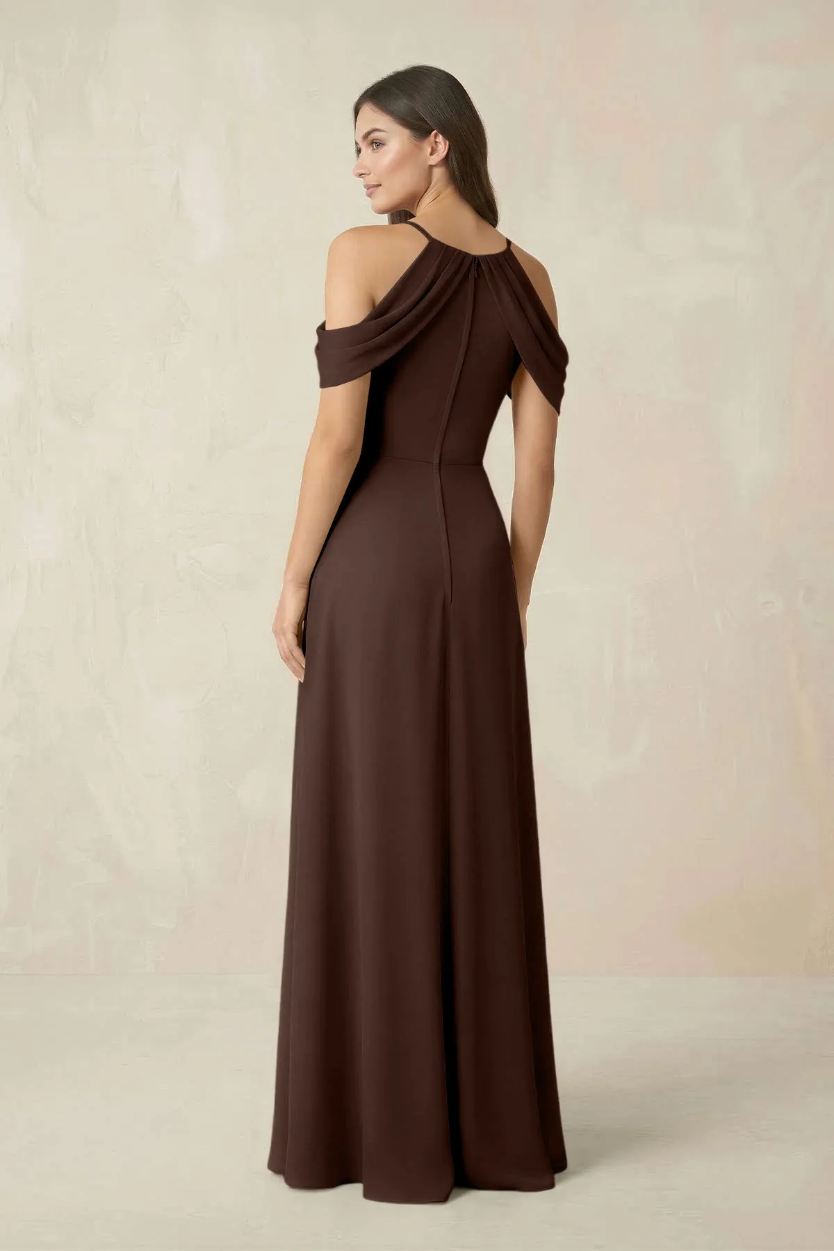 Off-the-Shoulder Chiffon Sheath Bridesmaid Dress With Slit in Espresso sold by KissProm product image thumbnail 2