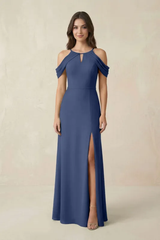 Off-the-Shoulder Chiffon Sheath Bridesmaid Dress With Slit in Navy made by KissProm