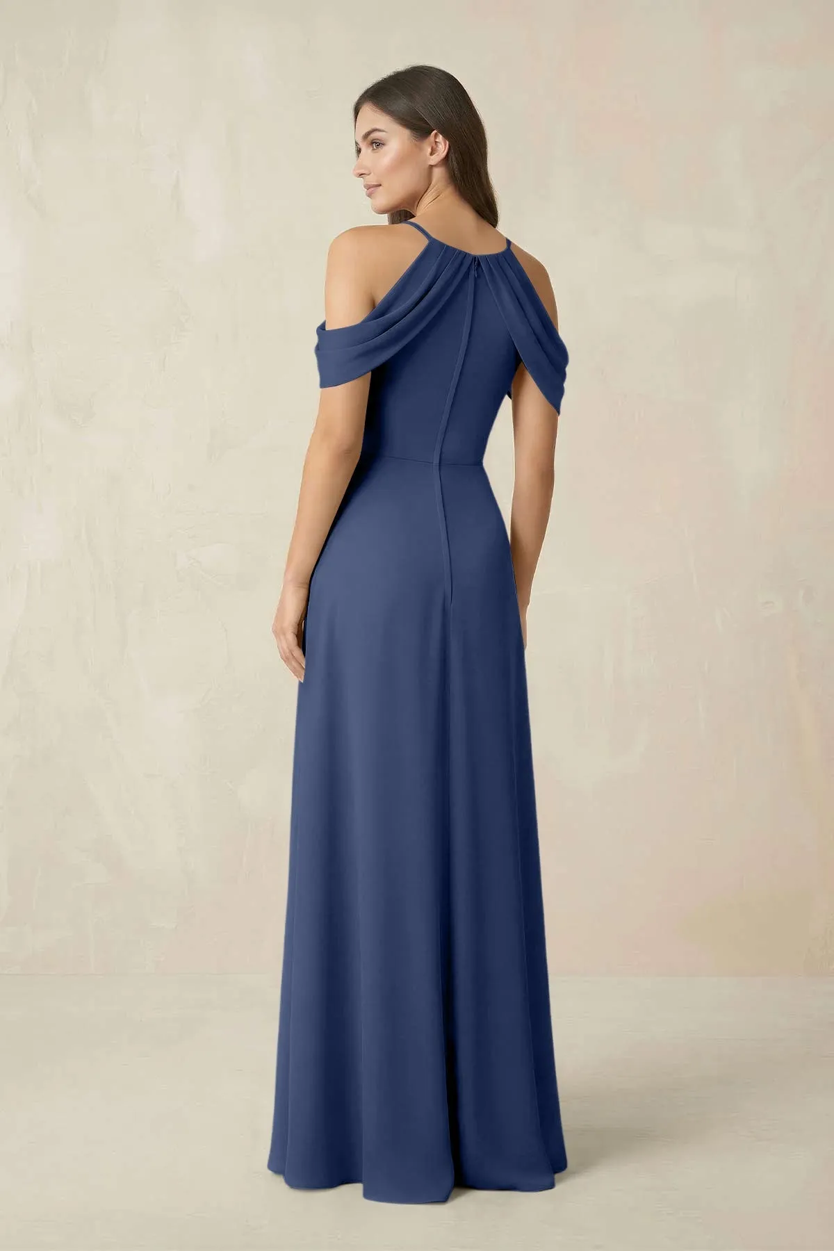 Off-the-Shoulder Chiffon Sheath Bridesmaid Dress With Slit in Navy sold by KissProm product image thumbnail 2