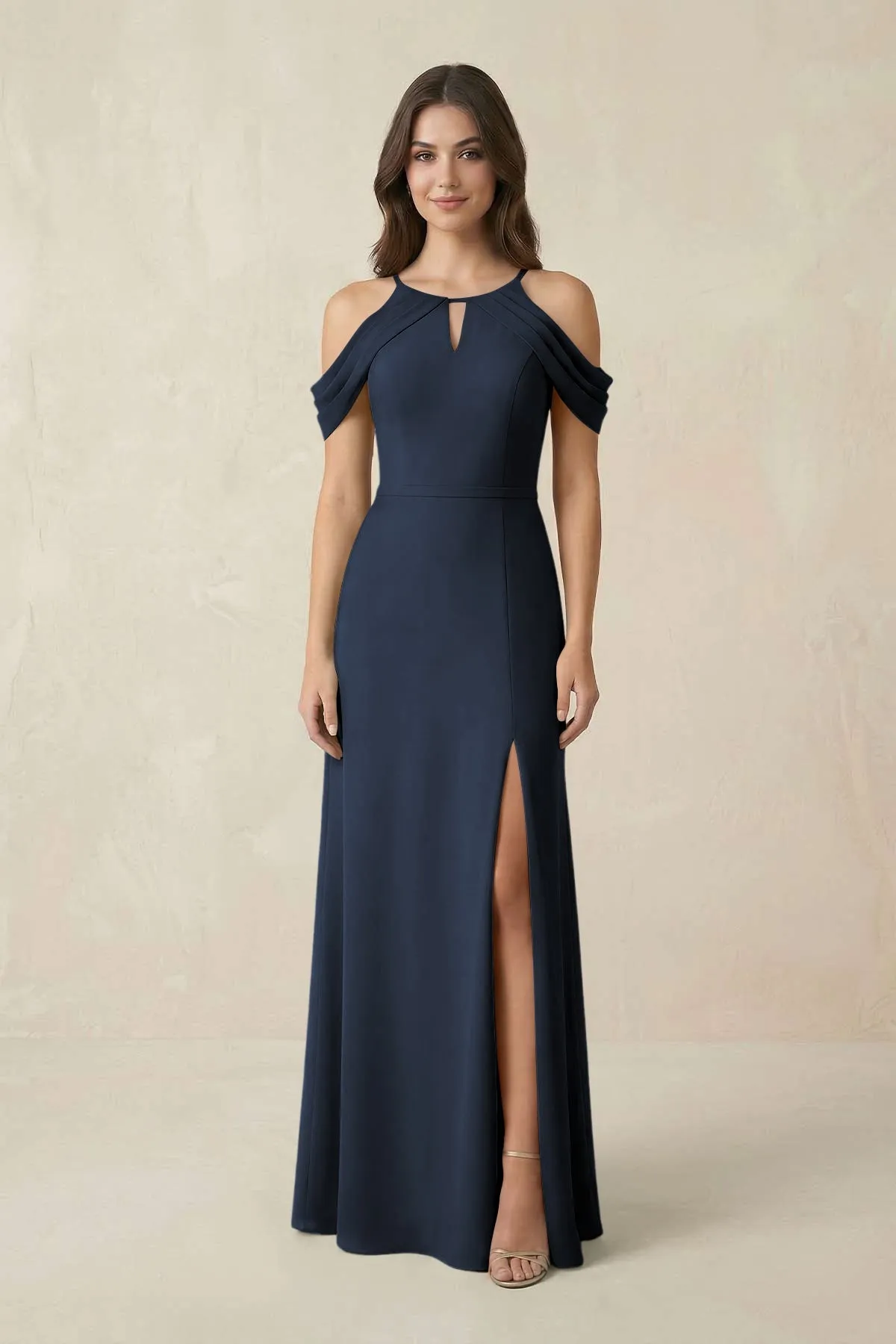 Off-the-Shoulder Chiffon Sheath Bridesmaid Dress With Slit in Dark Navy sold by KissProm
