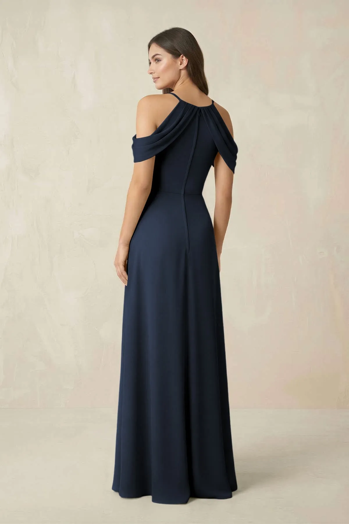 Off-the-Shoulder Chiffon Sheath Bridesmaid Dress With Slit in Dark Navy sold by KissProm product image thumbnail 2