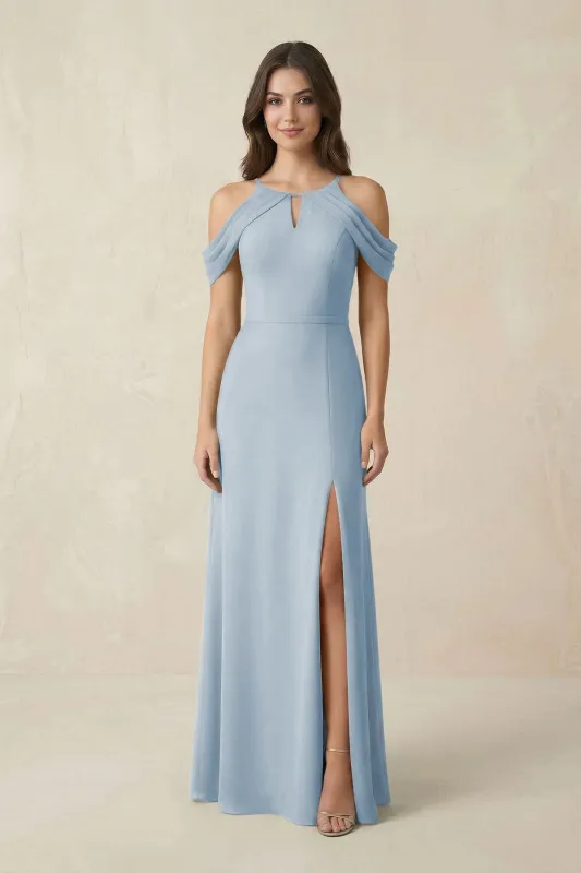 Off-the-Shoulder Chiffon Sheath Bridesmaid Dress With Slit in Dusty Blue made by KissProm