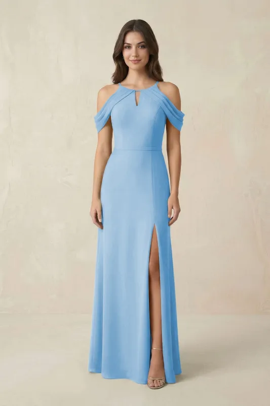 Off-the-Shoulder Chiffon Sheath Bridesmaid Dress With Slit in Steel Blue made by KissProm