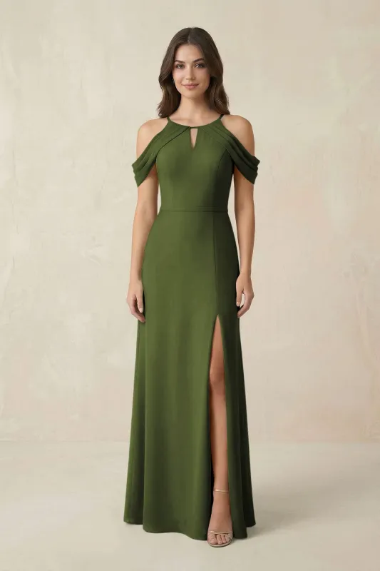 Off-the-Shoulder Chiffon Sheath Bridesmaid Dress With Slit in Olive made by KissProm