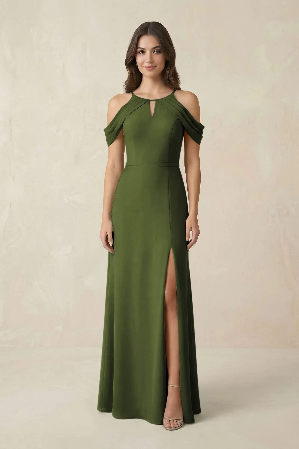 Off-the-Shoulder Chiffon Sheath Bridesmaid Dress With Slit in Olive sold by KissProm