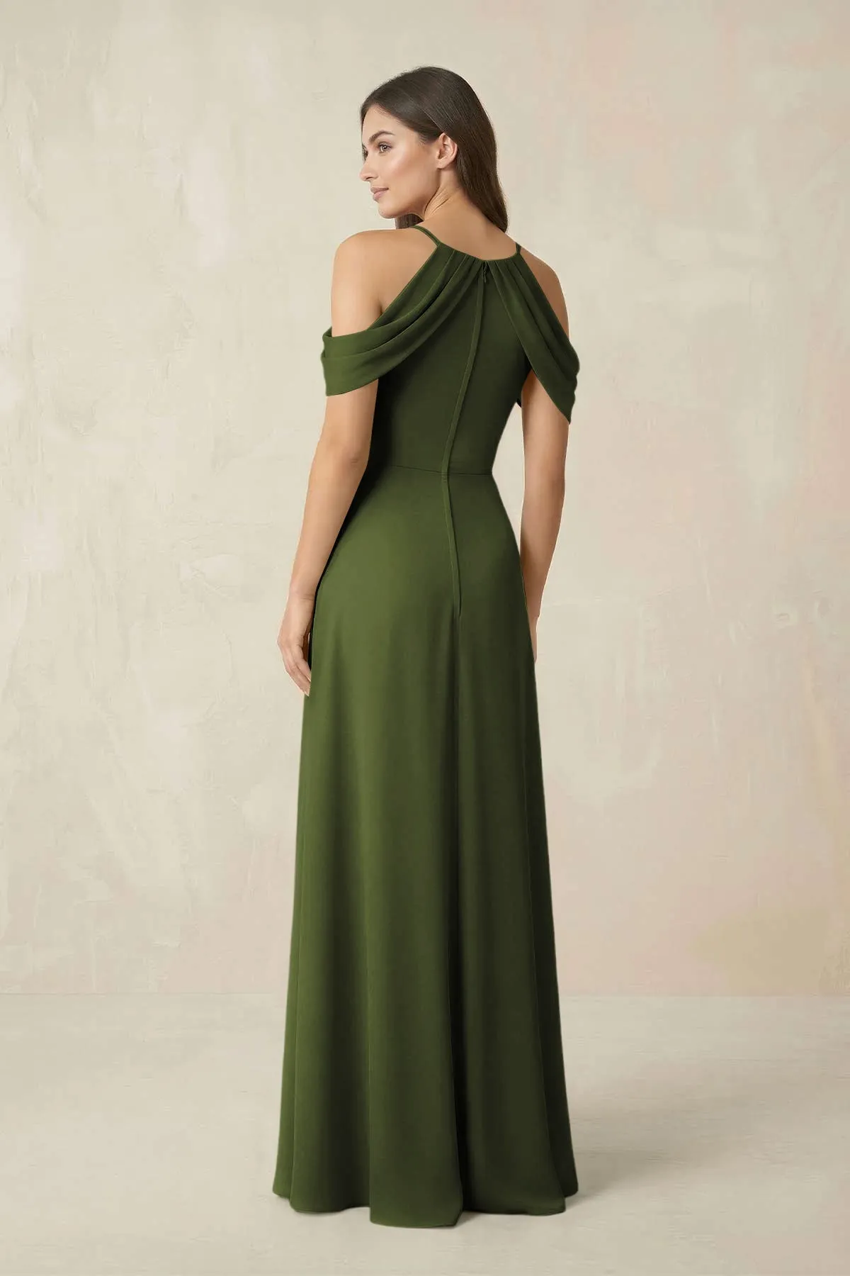 Off-the-Shoulder Chiffon Sheath Bridesmaid Dress With Slit in Olive sold by KissProm product image thumbnail 2