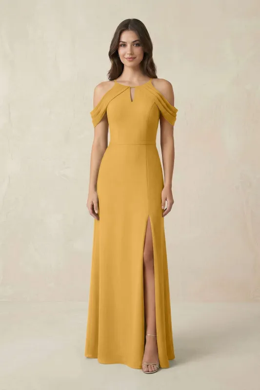 Off-the-Shoulder Chiffon Sheath Bridesmaid Dress With Slit in Marigold made by KissProm