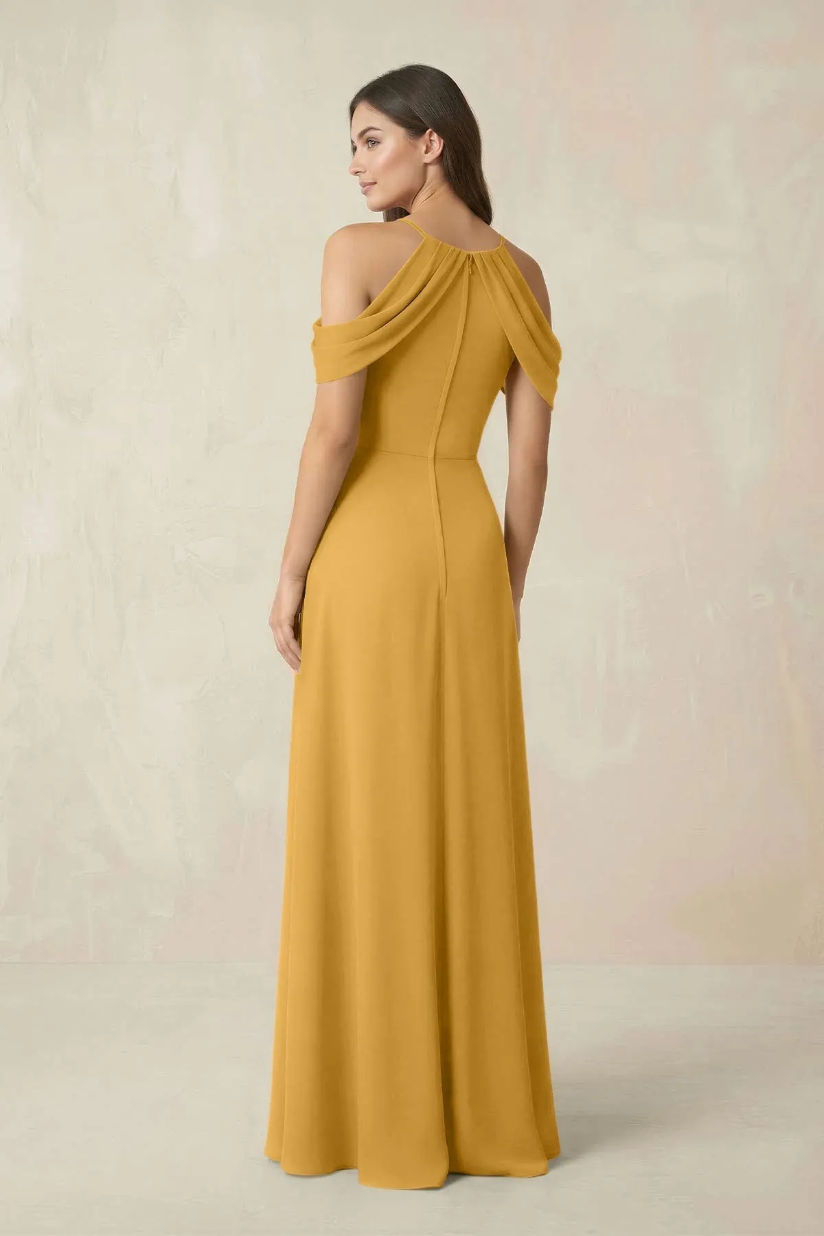Off-the-Shoulder Chiffon Sheath Bridesmaid Dress With Slit in Marigold sold by KissProm product image thumbnail 2