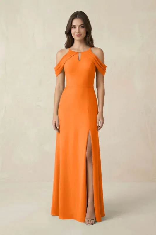 Off-the-Shoulder Chiffon Sheath Bridesmaid Dress With Slit in Cinnamon made by KissProm