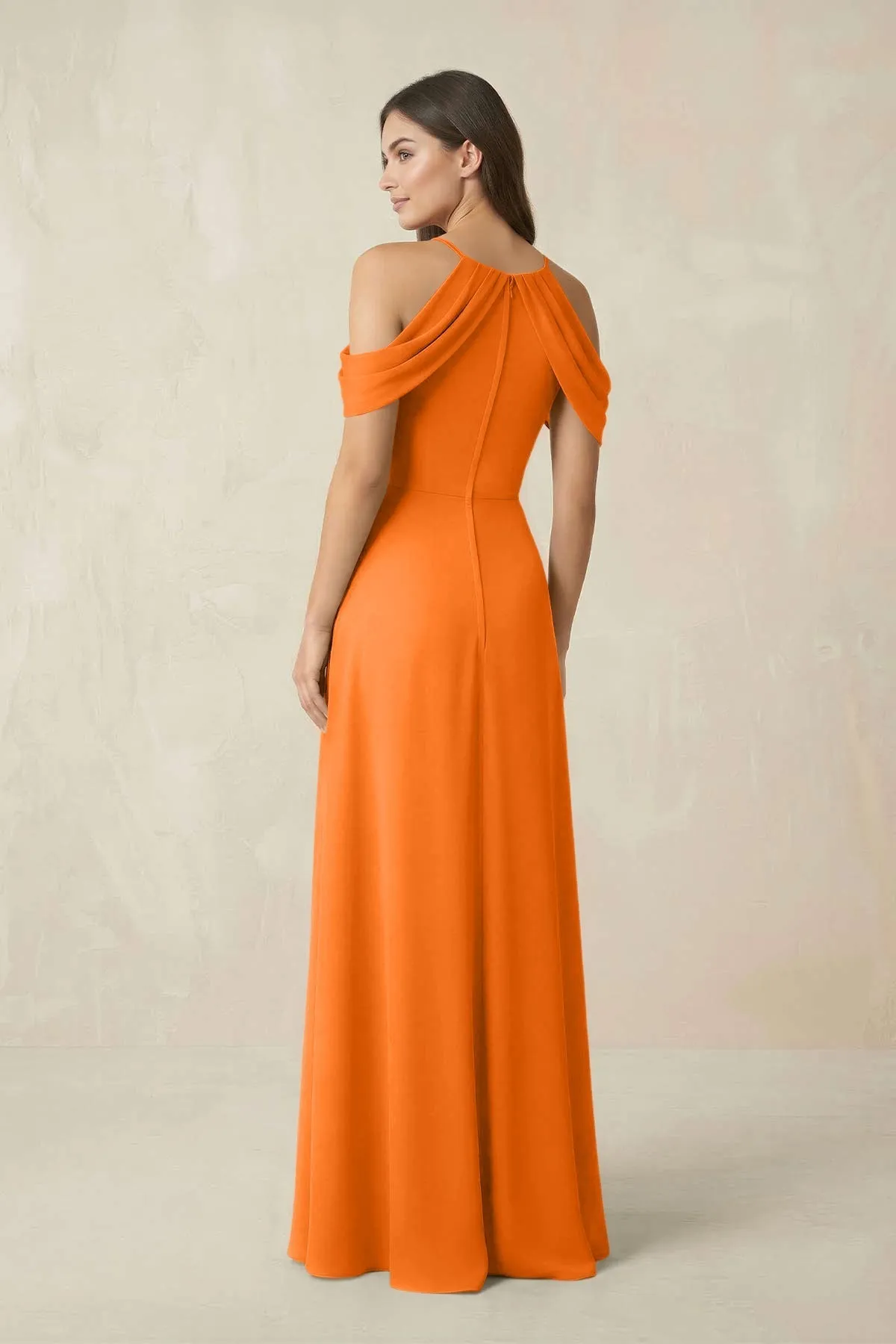 Off-the-Shoulder Chiffon Sheath Bridesmaid Dress With Slit in Cinnamon sold by KissProm product image thumbnail 2