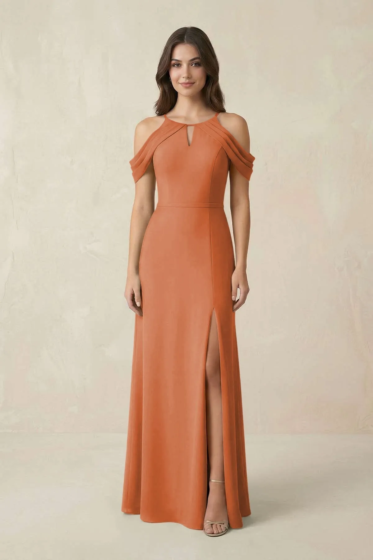 Off-the-Shoulder Chiffon Sheath Bridesmaid Dress With Slit in Terracotta sold by KissProm