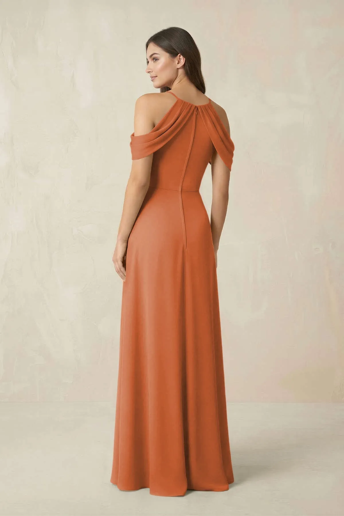 Off-the-Shoulder Chiffon Sheath Bridesmaid Dress With Slit in Terracotta sold by KissProm product image thumbnail 2