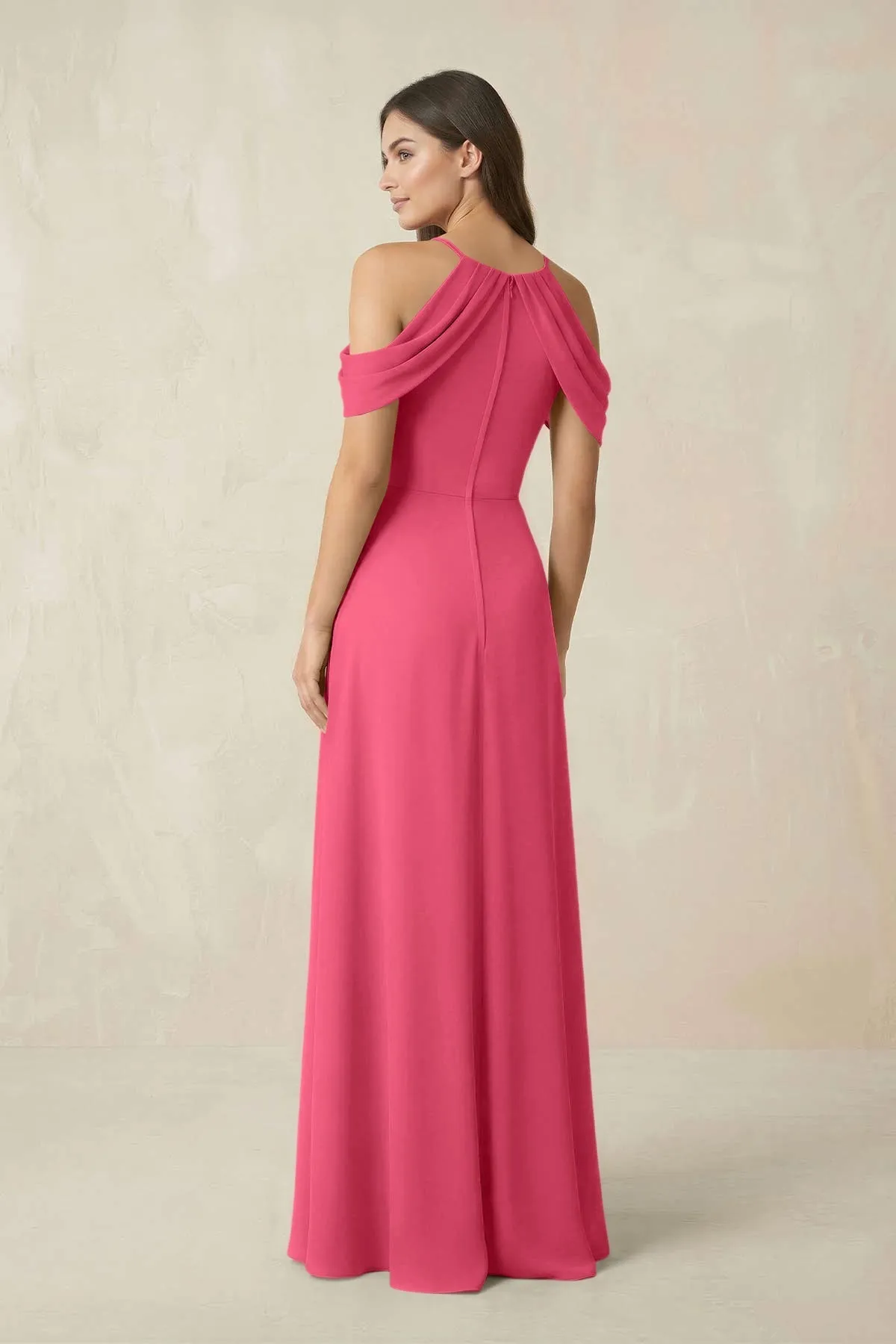 Off-the-Shoulder Chiffon Sheath Bridesmaid Dress With Slit in Fuchsia sold by KissProm product image thumbnail 2