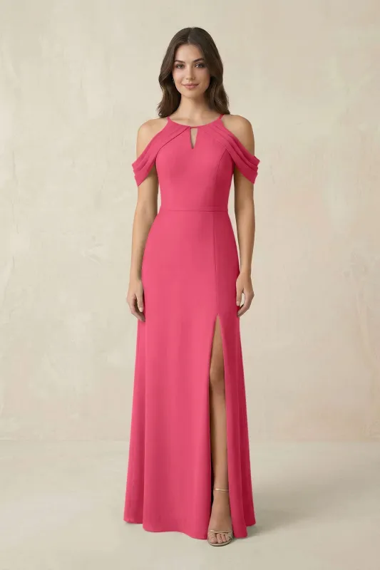 Off-the-Shoulder Chiffon Sheath Bridesmaid Dress With Slit in Fuchsia made by KissProm