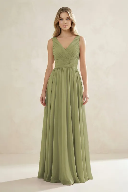 V-Neck Pleated A-Line Bridesmaid Dress in Moss Green made by KissProm