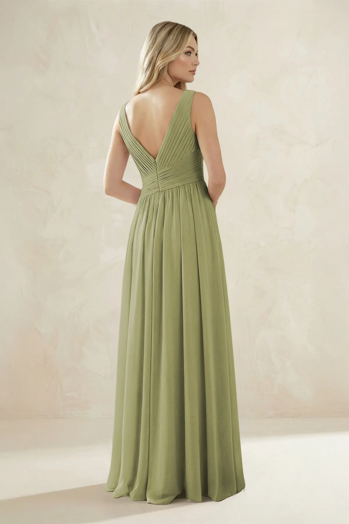 V-Neck Pleated A-Line Bridesmaid Dress in Moss Green sold by KissProm product image thumbnail 2