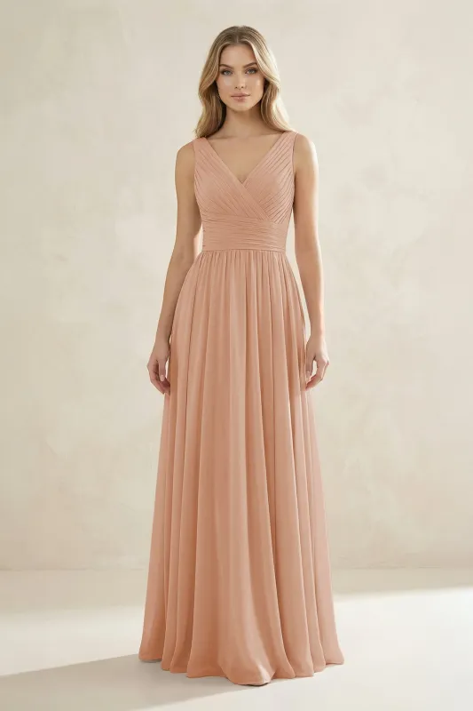 V-Neck Pleated A-Line Bridesmaid Dress in Champagne Rose made by KissProm