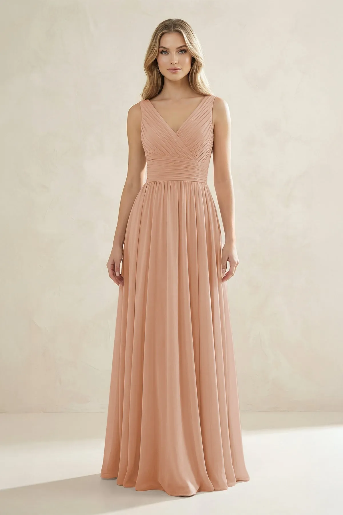 V-Neck Pleated A-Line Bridesmaid Dress in Champagne Rose sold by KissProm