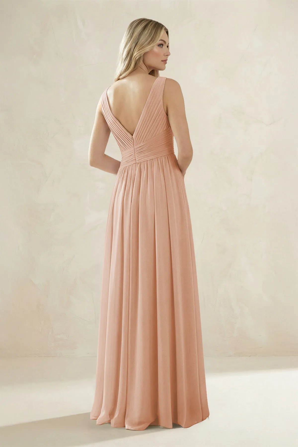 V-Neck Pleated A-Line Bridesmaid Dress in Champagne Rose sold by KissProm product image thumbnail 2