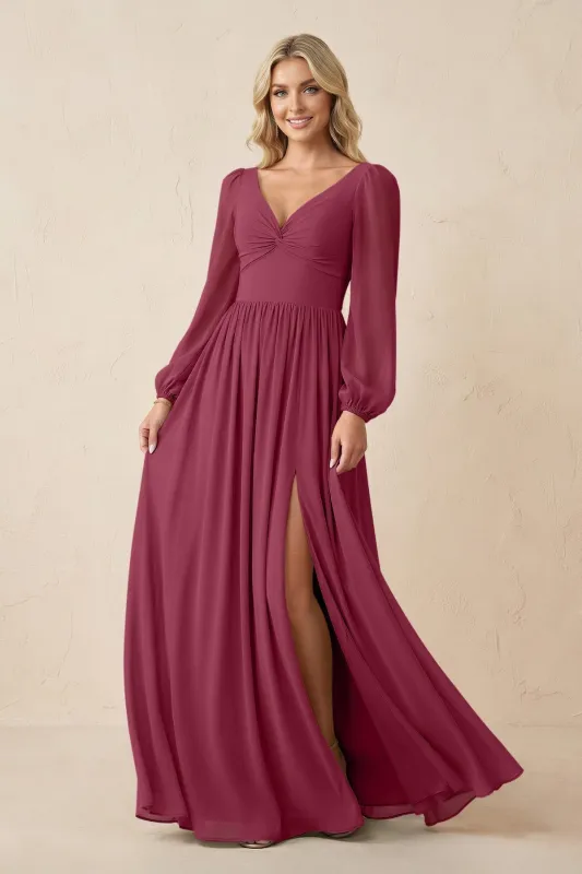Long Sleeve V-Neck A-Line Chiffon Bridesmaid Dress in Desert Rose made by KissProm