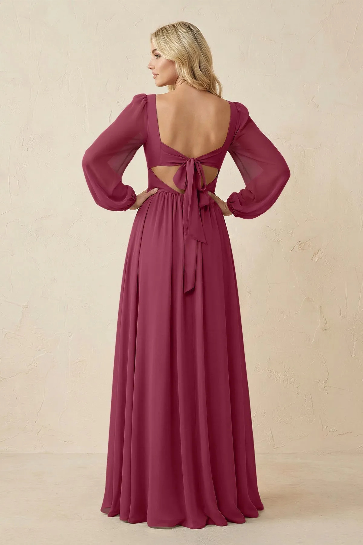 Long Sleeve V-Neck A-Line Chiffon Bridesmaid Dress in Desert Rose sold by KissProm product image thumbnail 2