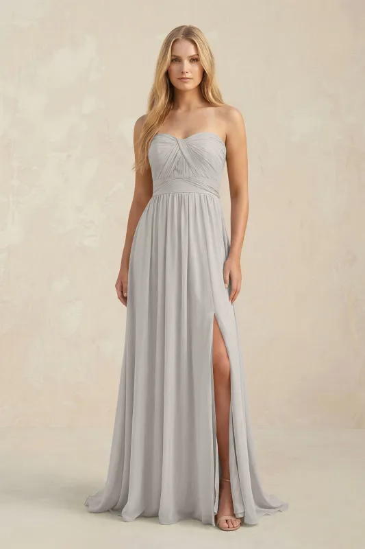 Sweetheart A-Line Pleated Chiffon Bridesmaid Dress With Slit in Silver made by KissProm