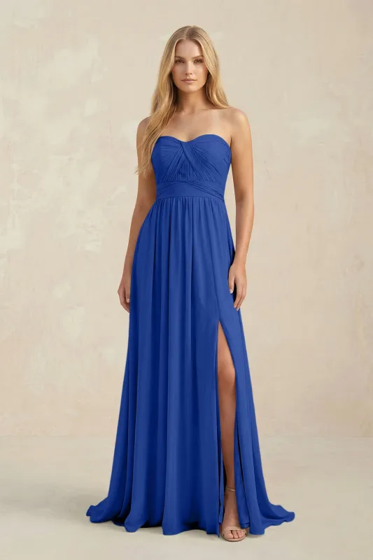 Sweetheart A-Line Pleated Chiffon Bridesmaid Dress With Slit in Royal Blue made by KissProm