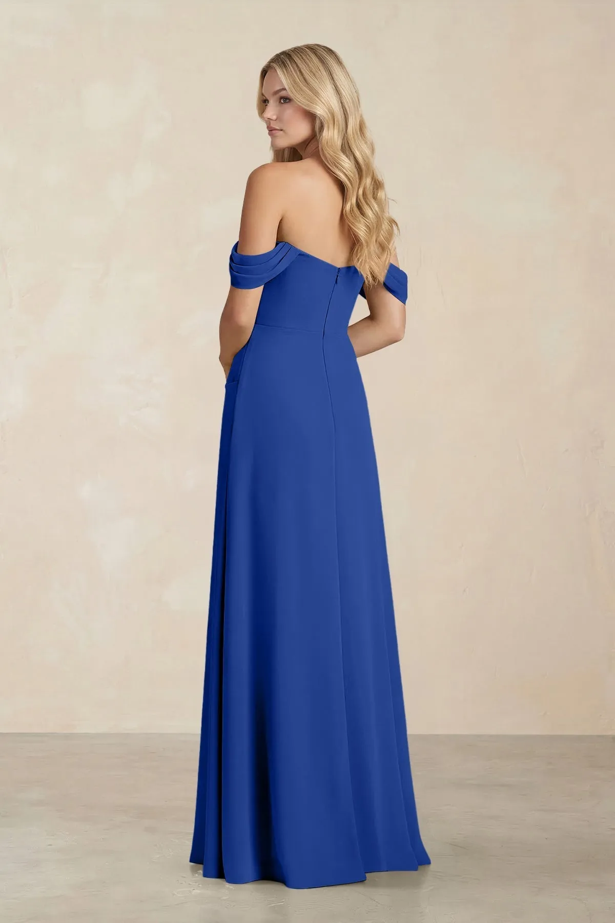 Off-the-Shoulder Corset Sheath Chiffon Bridesmaid Dress in Royal Blue sold by KissProm product image thumbnail 2