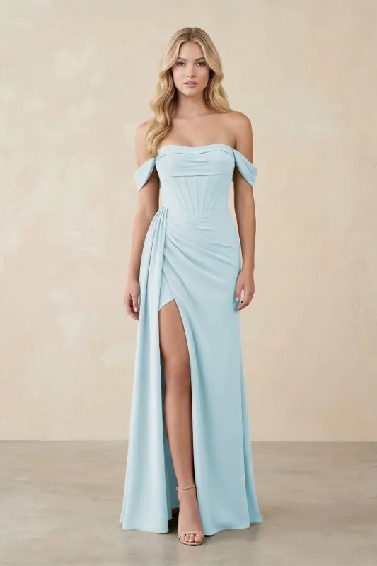 Off-the-Shoulder Corset Sheath Chiffon Bridesmaid Dress in Sky Blue made by KissProm