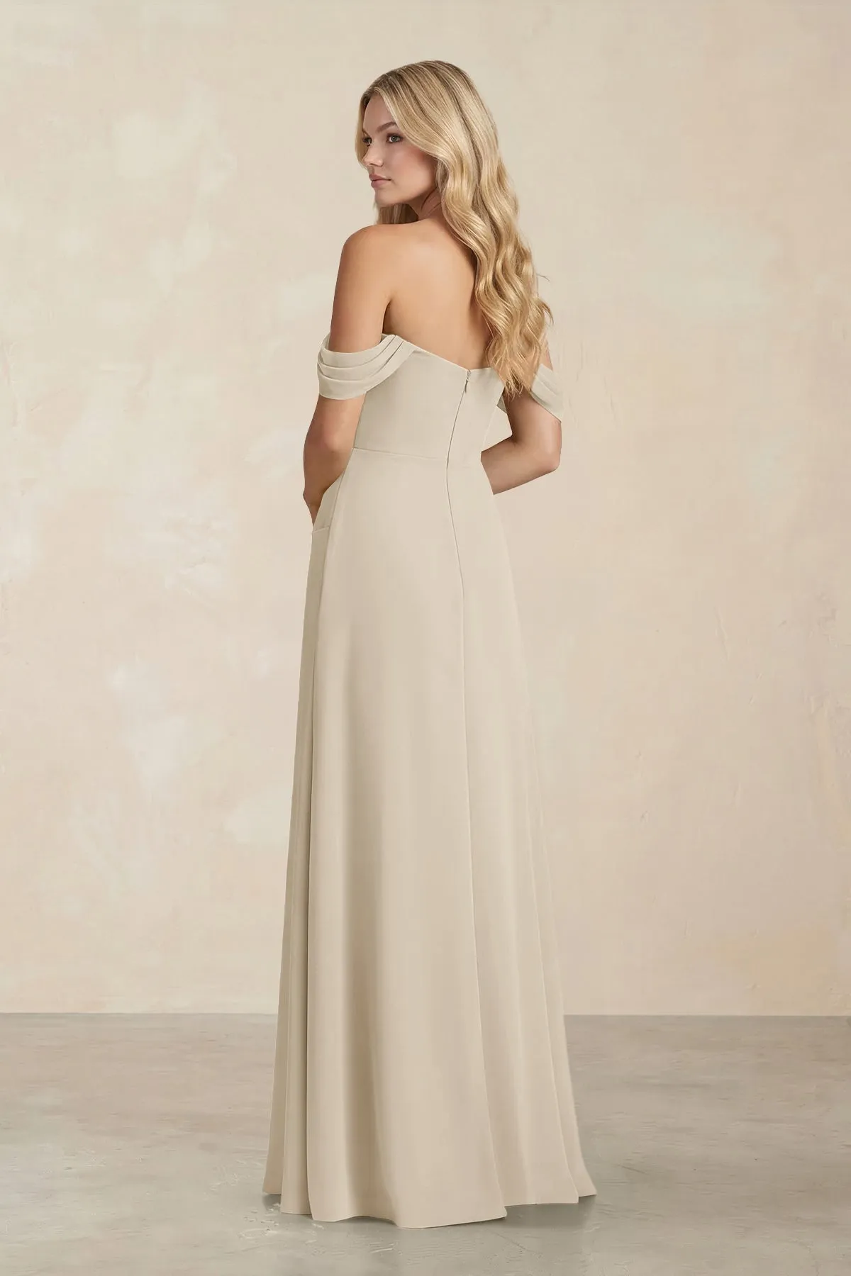 Off-the-Shoulder Corset Sheath Chiffon Bridesmaid Dress in Champagne sold by KissProm product image thumbnail 2