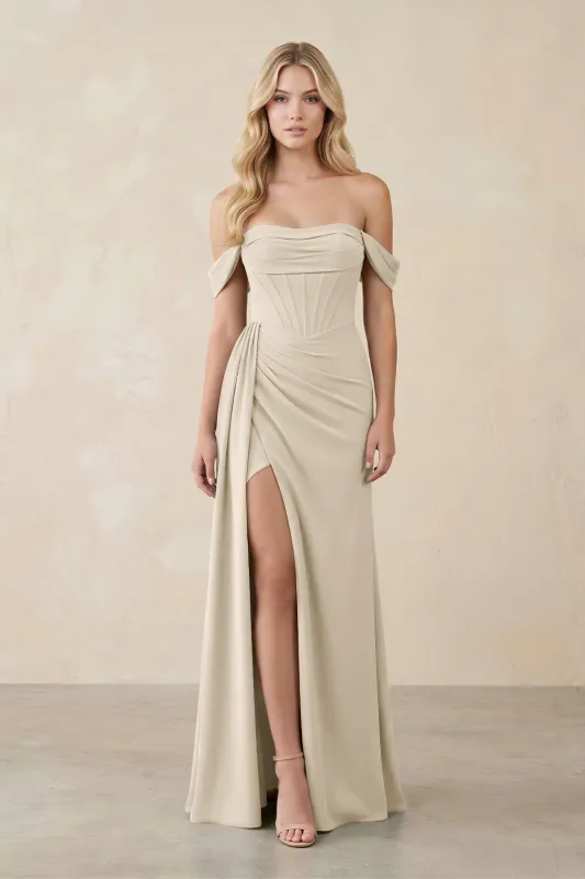 Off-the-Shoulder Corset Sheath Chiffon Bridesmaid Dress in Champagne made by KissProm