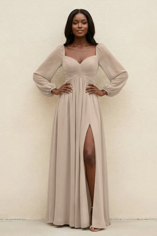 Sweetheart Long Sleeve A-Line Bridesmaid Dress in Almond made by KissProm