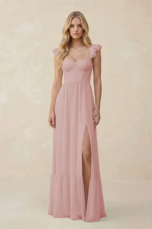 Sweetheart Ruffled Sleeve A-Line Chiffon Bridesmaid Dress in Dusty Rose made by KissProm