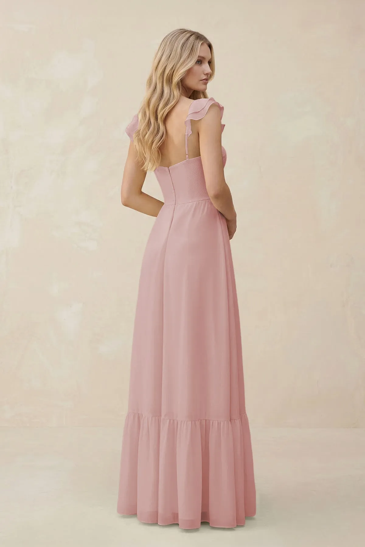 Sweetheart Ruffled Sleeve A-Line Chiffon Bridesmaid Dress in Dusty Rose sold by KissProm product image thumbnail 2